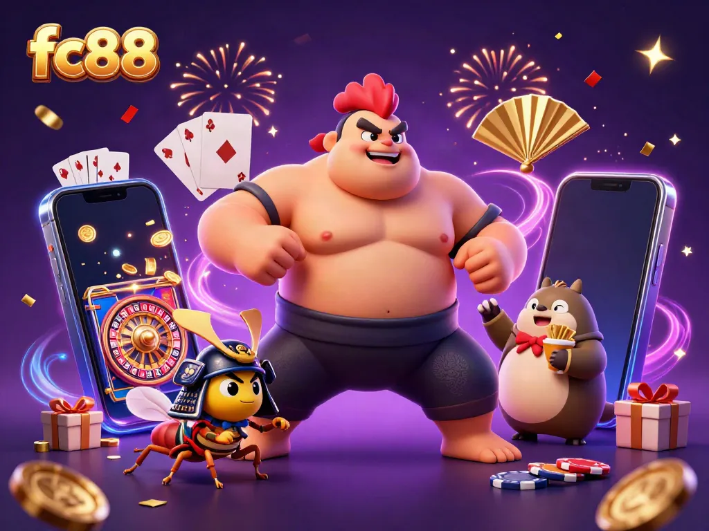Engage in thrilling action with fc88 and vibrant casino elements in a dynamic scene of lively characters.