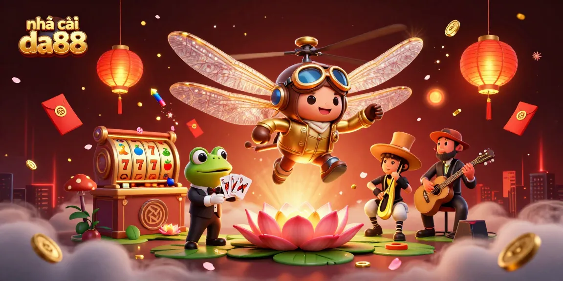 Join the excitement at nhà cái da88 with a cartoon dragonfly pilot and frog croupier in lively casino scene.