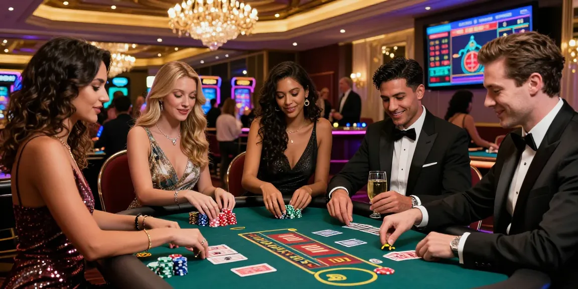 A lively group at an IWIN gaming table, enjoying luxury casino atmosphere with colorful chips and stylish attire.