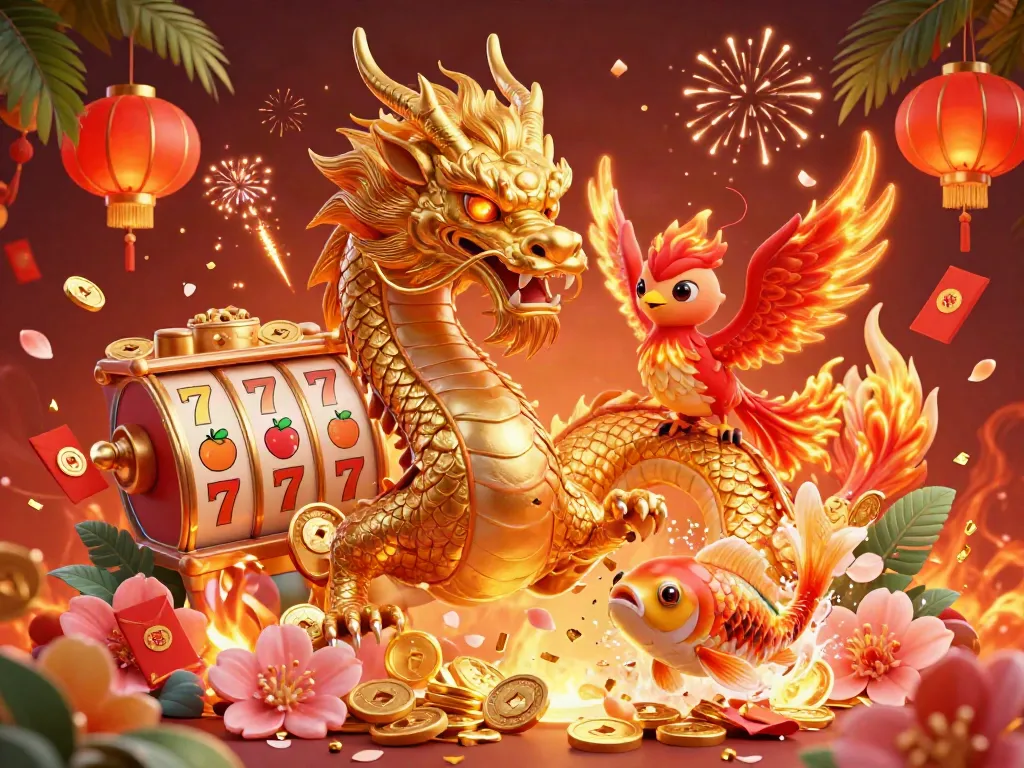 Engage in thrilling QQ Slot gameplay with a vibrant dragon, phoenix, and koi fish amidst colorful casino elements.