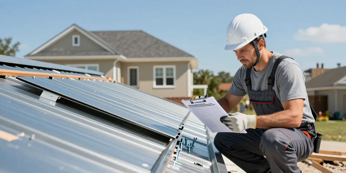 Professional inspecting a metal roof installation using a metal roof installer checklist in a bright residential setting.