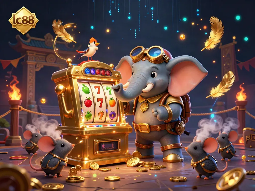 Engage in gaming excitement with lc88's steampunk elephant engineer at a golden slot machine.