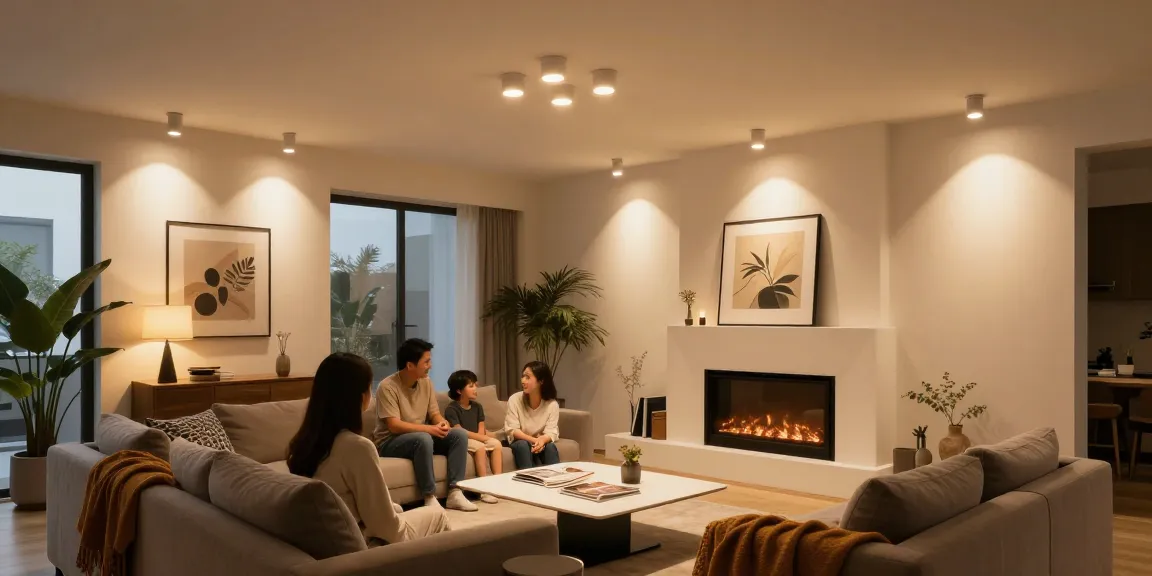 Spoturi LED moderne într-un living elegant, iluminând atmosfera caldă și primitoare.