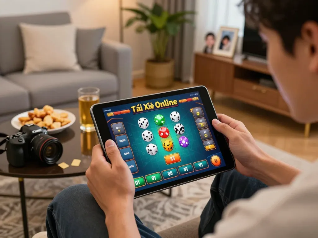 Tai Xỉu Online gameplay excitement, a player engaged on a tablet in a cozy home setting.