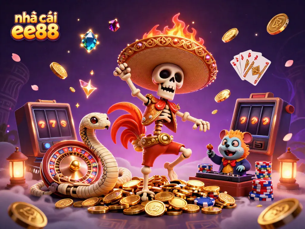 Experience thrilling wins at nhà cái ee88 with a festive casino celebration featuring vibrant characters and dynamic games.