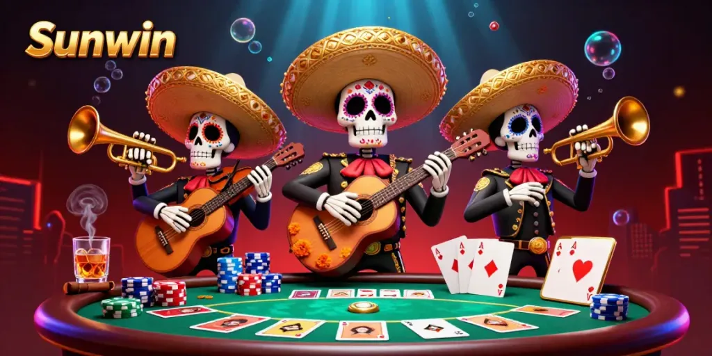 Engage in thrilling gameplay with Sunwin's vibrant Day of the Dead casino scene featuring mariachi skeletons.