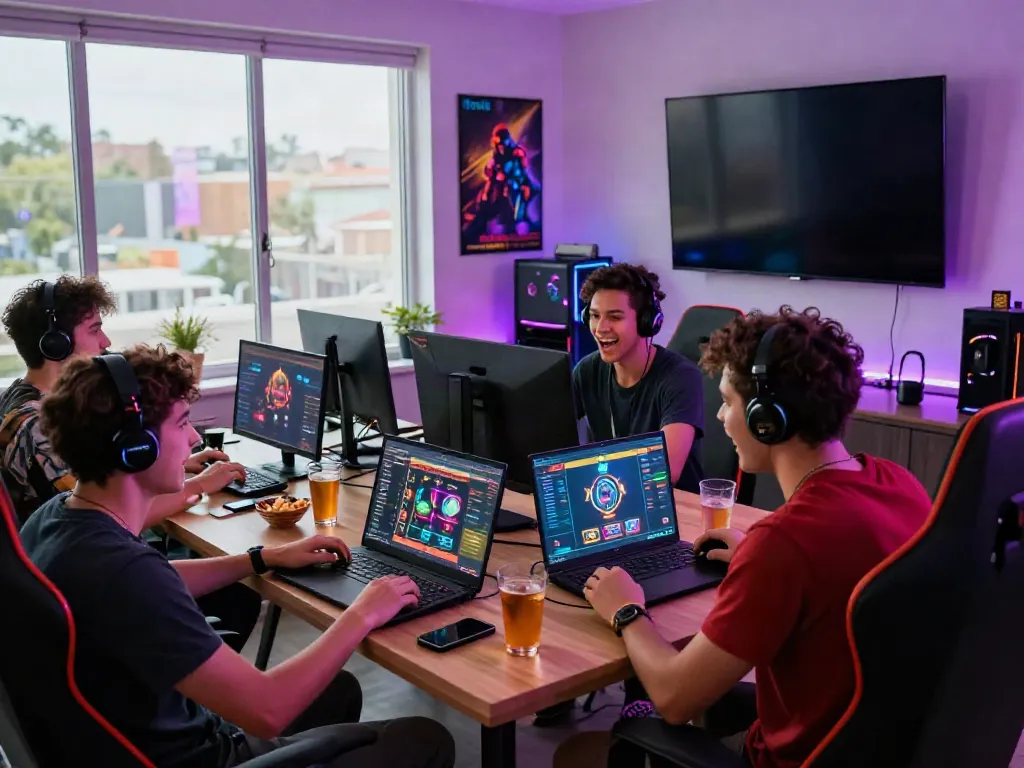Friends enjoying an exhilarating gaming session at Streek Crypto Casino Canada, surrounded by advanced gaming setups and vibrant decor.