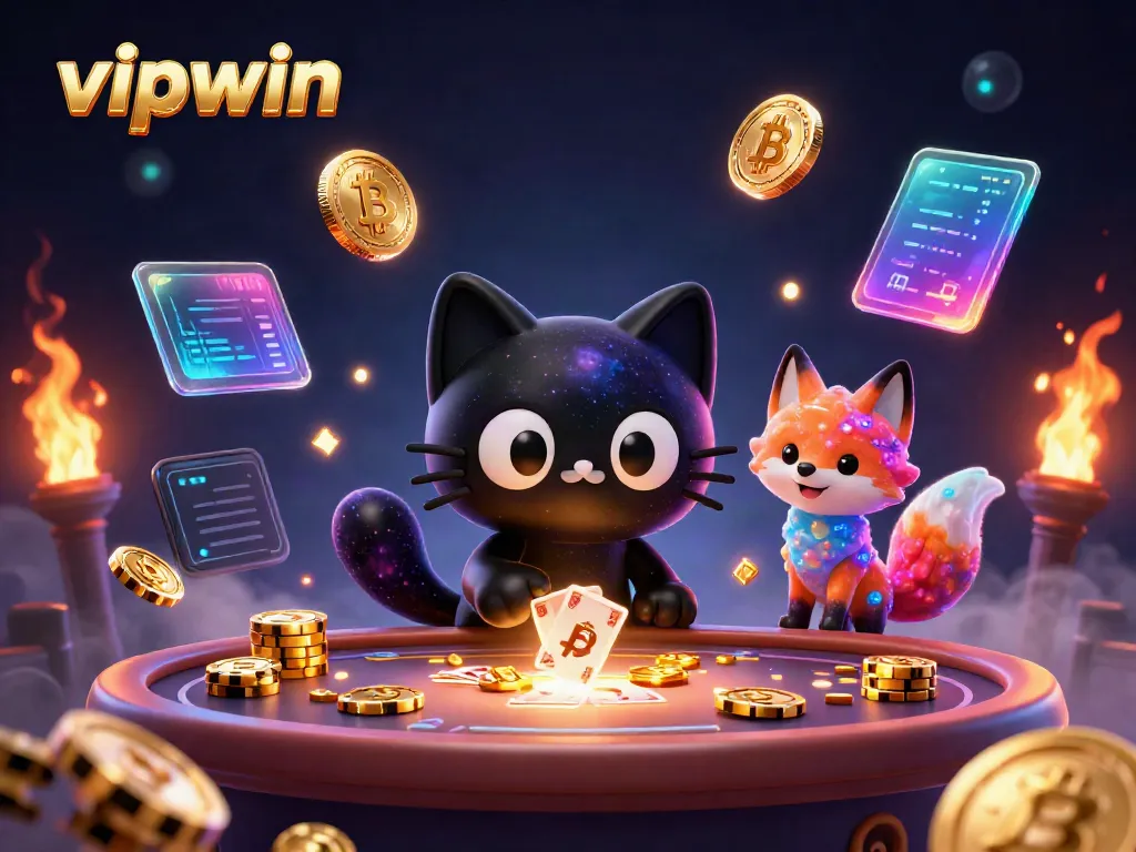 Engaging 3D illustration of vipwin featuring a cosmic cat and fox, showcasing vibrant gambling elements.
