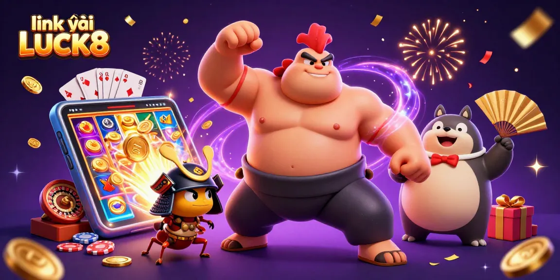 Link vào LUCK8 captures the excitement of online gaming with vibrant characters and casino elements.
