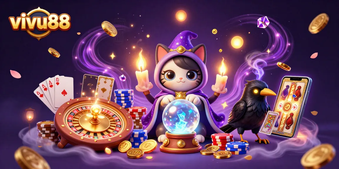 Experience immersive gameplay at vivu88 with a vibrant 3D casino scene filled with mystic characters and dynamic gambling elements.