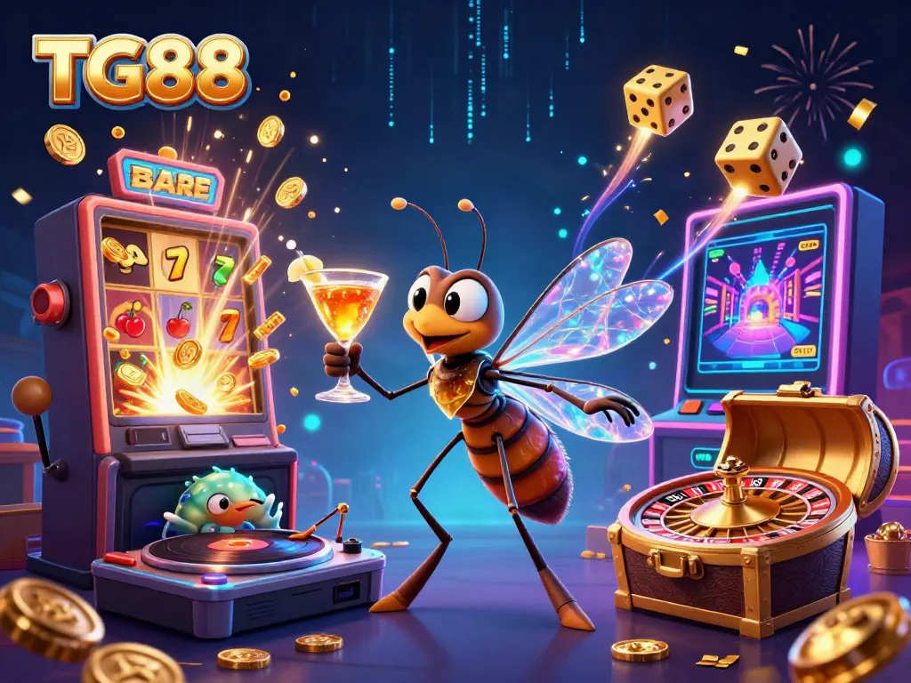 Engaging TG88 casino illustration featuring a frozen mosquito mascot, trilobite DJ, and golden roulette wheel.