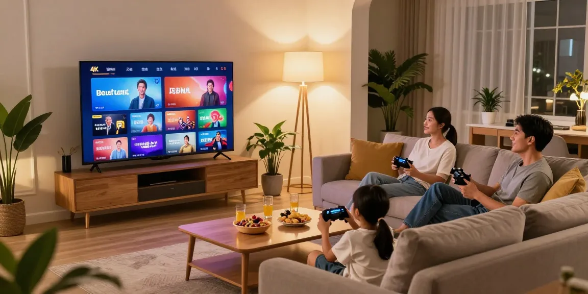 Enjoy IPTV streaming in high-quality 4K in a cozy living room setting with a family.