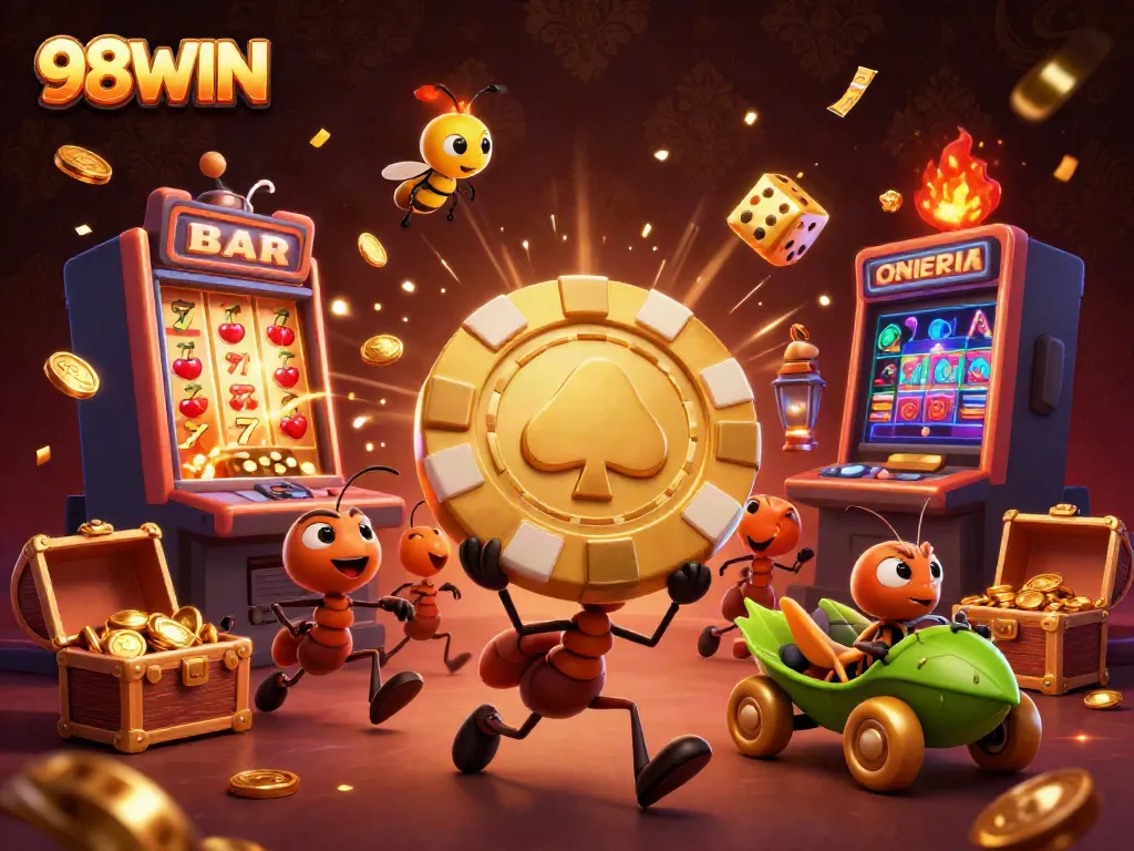 Experience excitement at 98WIN with ants in a heist, golden poker chips, and vibrant casino games.