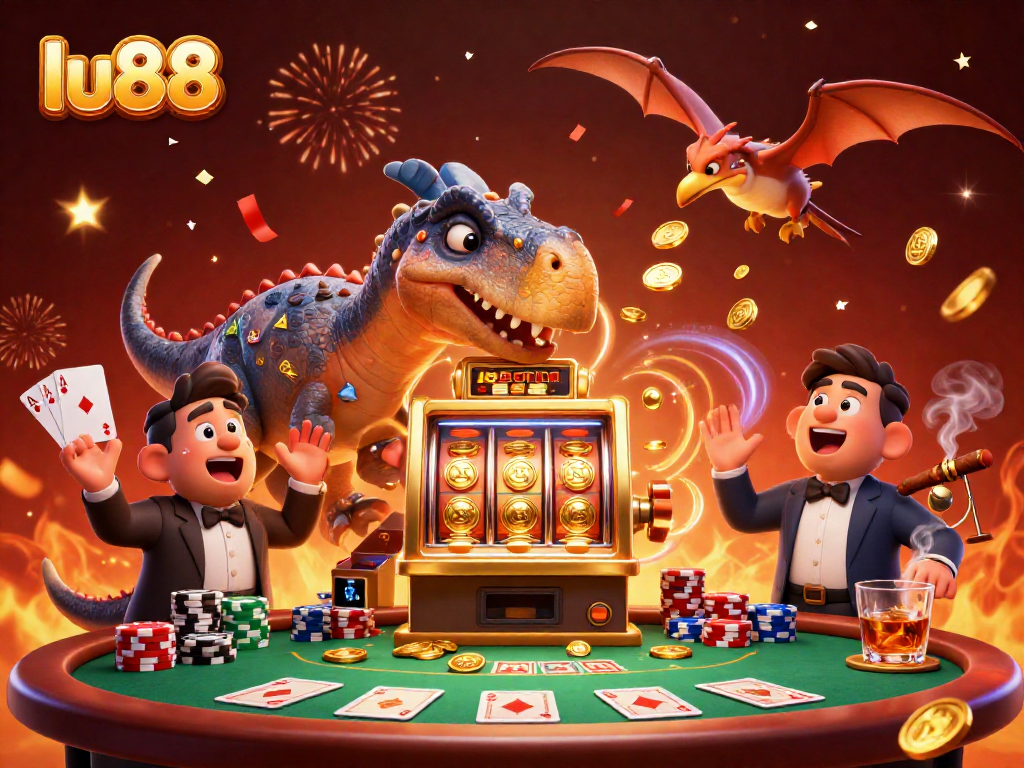 lu88 entertains with a pachycephalosaurus winning jackpot coins from a slot machine