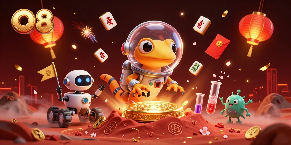O8 showcases the Martian gecko celebrating at a golden casino in a vibrant cosmic setting.