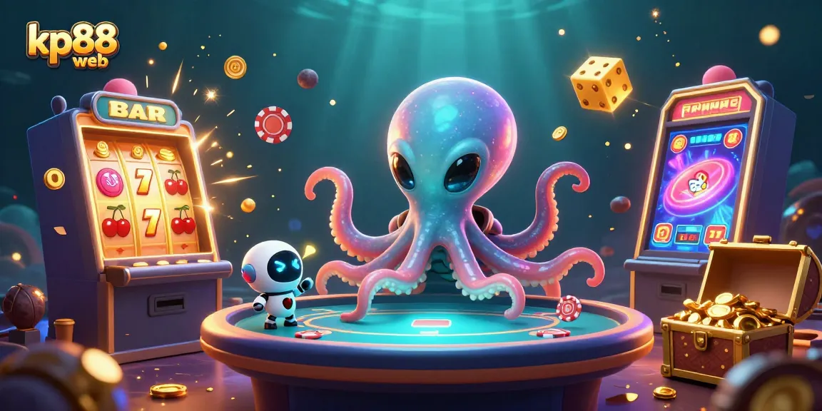Join kp88 web for exciting poker sessions with an alien octopus and robot, vibrant casino scene!