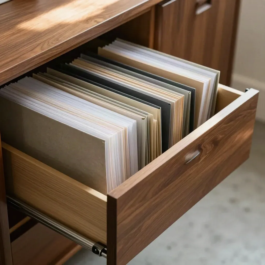 Half-open filing drawer with folders and archive boxes in a calm home office