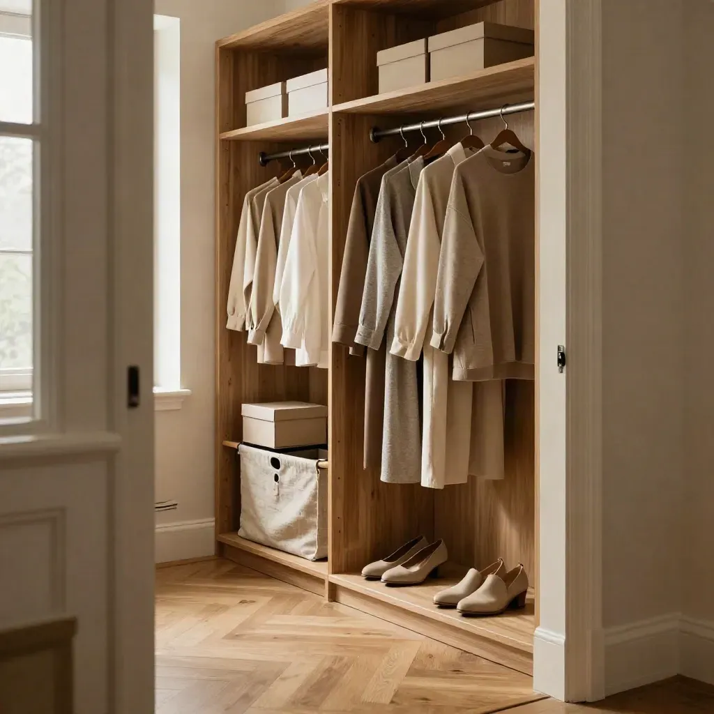 Warm wood closet reset with coordinated neutrals, shoe boxes, hamper and boot trays.
