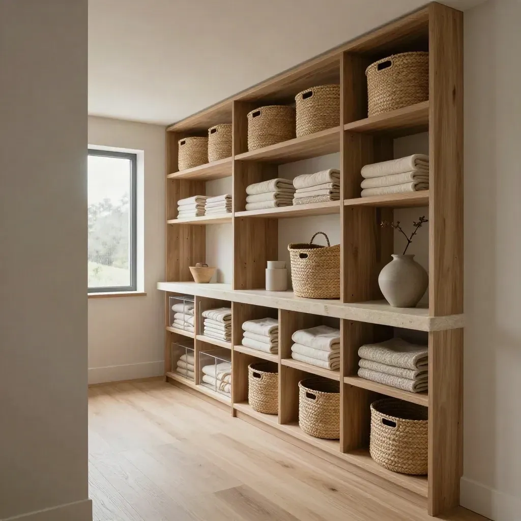 Pantry-mudroom with oak shelving, woven baskets, linen bins and stone counter in moody window light.