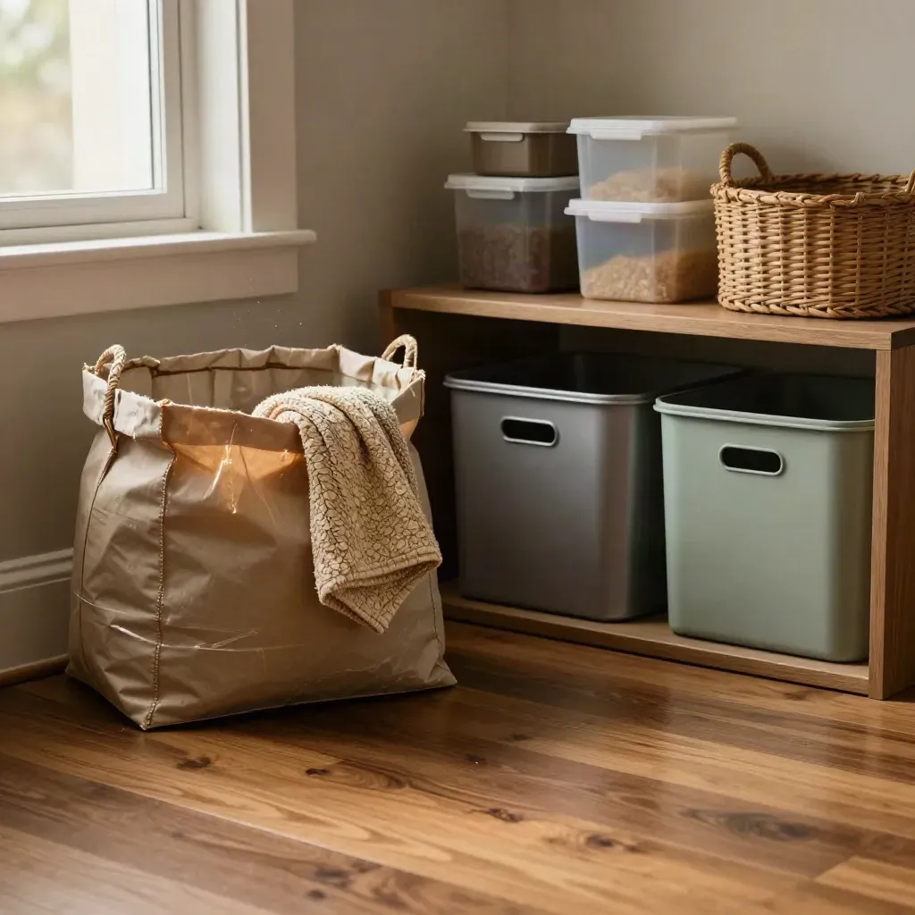 Decluttered living room corner with donation bag, keep basket, throw, and storage bins in warm light.