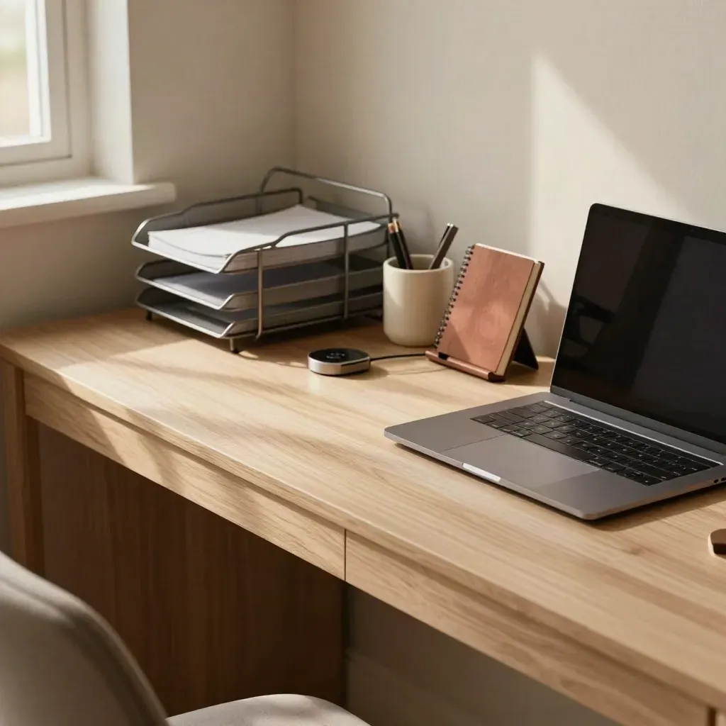 Tidy home office desk with trays, dock, pen cup, notebook stand, and closed laptop