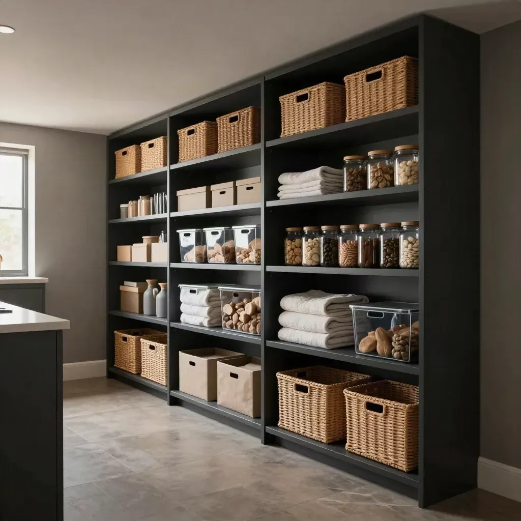 Organized basement storage wall and tidy pantry corner with baskets and bins