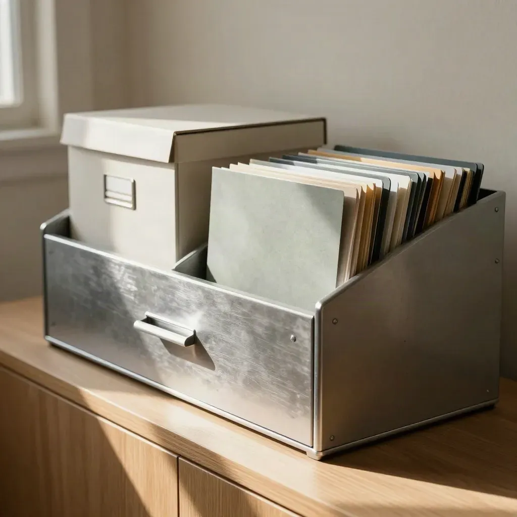 Organized file cabinet, archival boxes, and sorted folders in a warm office.
