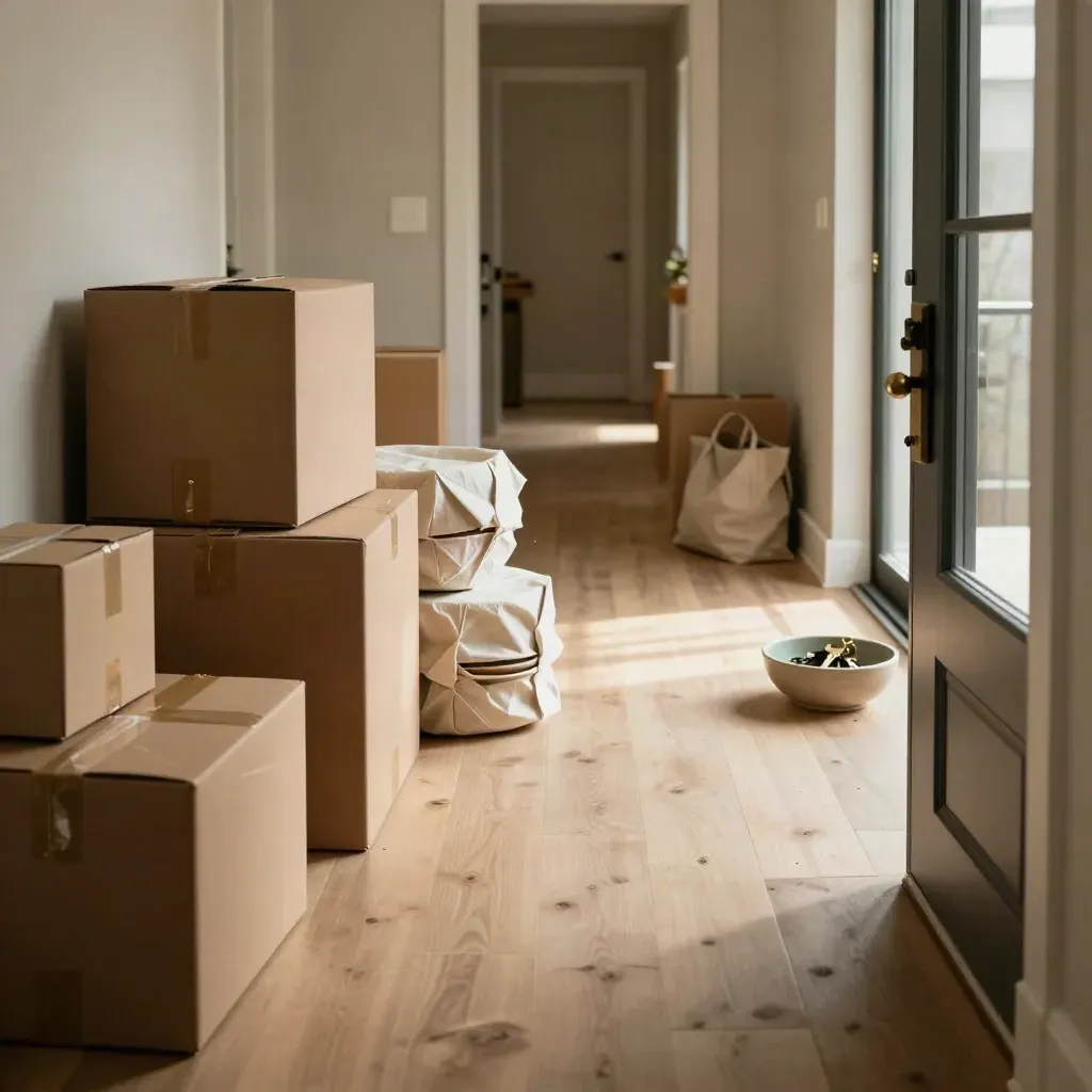 Empty condo threshold with stacked boxes, wrapped fragile items, a key bowl, and a cleared closet shelf.