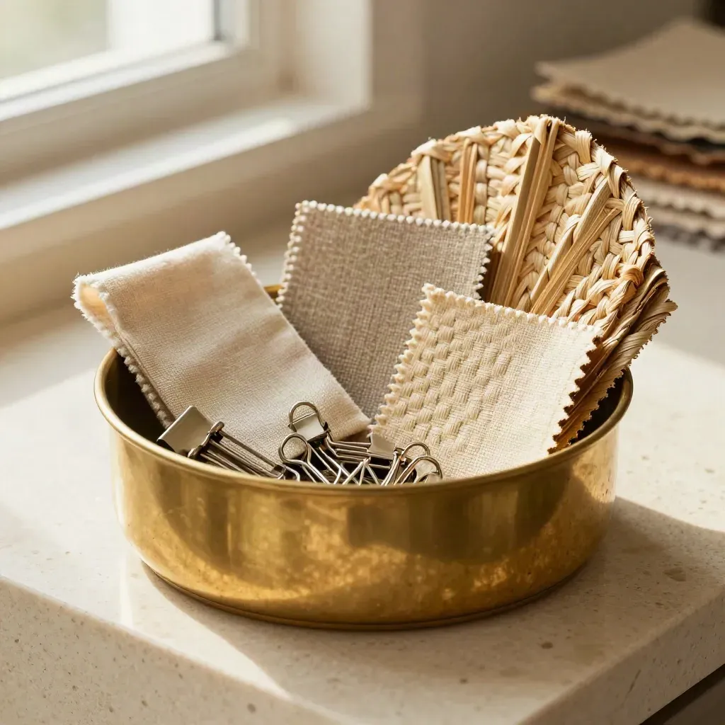 Brass catchall with file clips, linen tag and basket swatches on travertine in warm light.