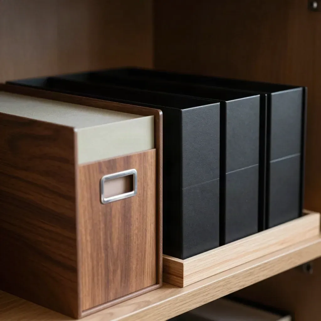 Archival boxes, file sorter and drawer dividers on a wood shelf in dramatic side light.