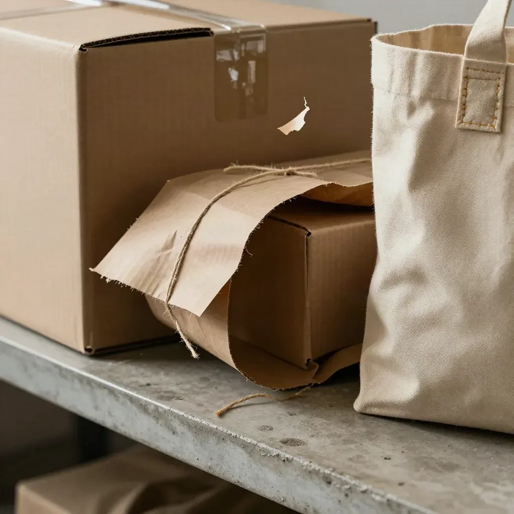 Macro of corrugated box edge, kraft paper, twine and a canvas tote on a packing bench.