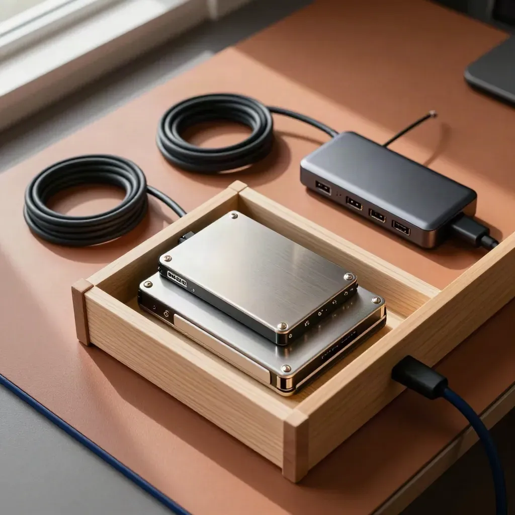 Overhead of organized cables, SSD drive, charging hub, and drawer tray in a tidy workstation