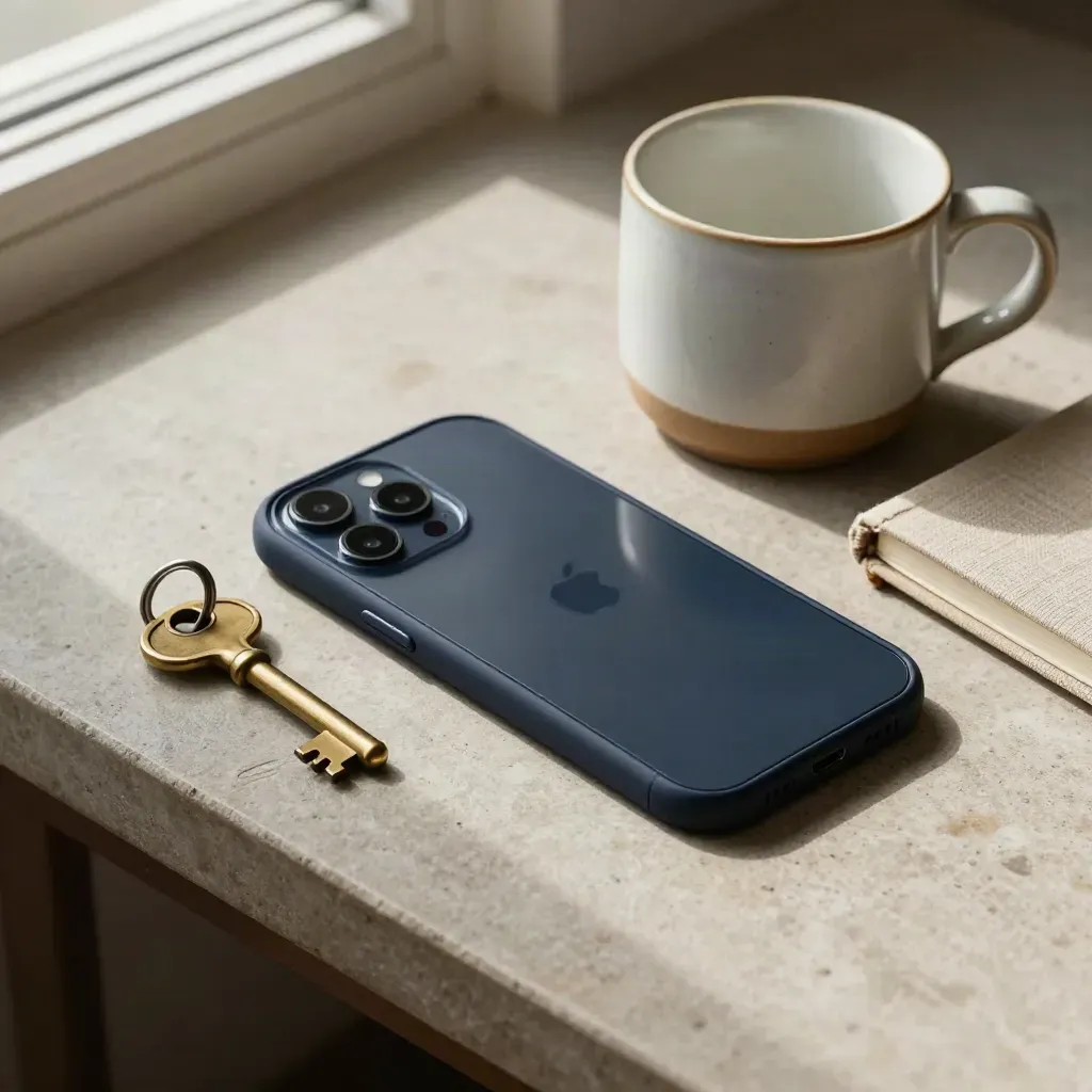 Face-down phone, mug, key, and notebook on a stone entry table