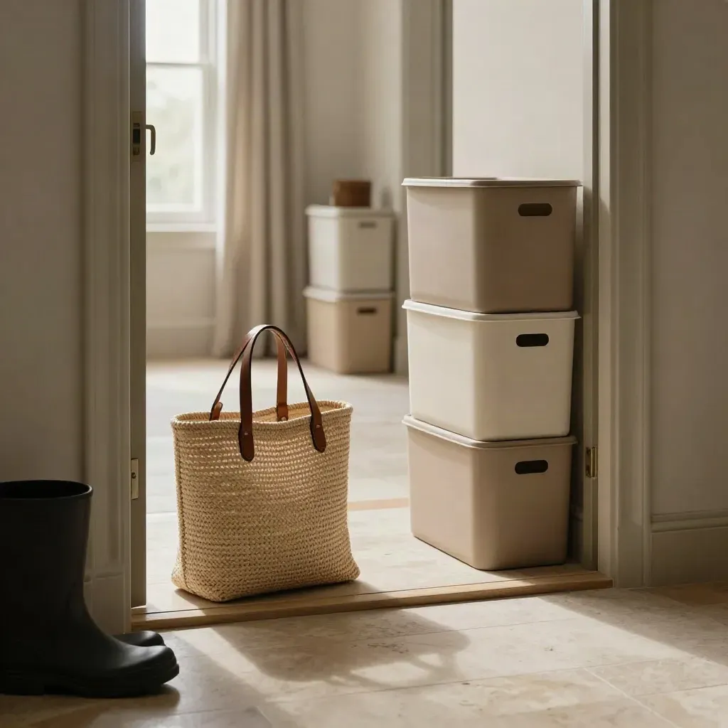 Low doorway still life with tote, boot tray, and storage bins in a decluttering walkthrough setup.
