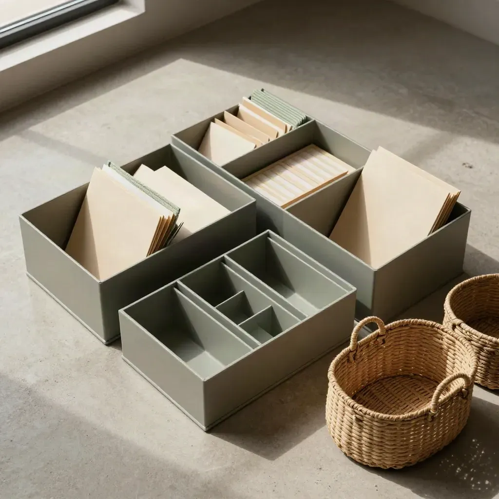 Overhead flatlay of storage bins, folders, dividers, and woven baskets on pale concrete.