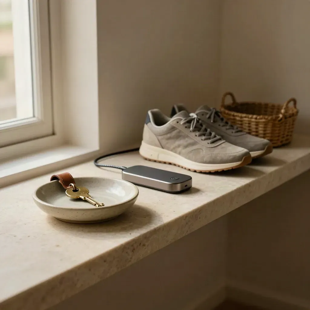 Stone entry shelf with key dish, charging dock, shoe tray and basket in soft light.