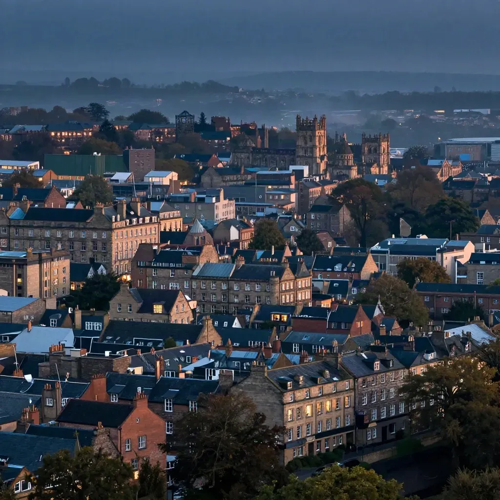 Blue-hour aerial of Durham and York rooftops and treetops over a hazy river valley