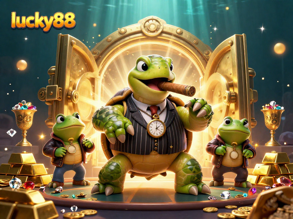 Experience the excitement of lucky88 with a stunning casino scene featuring cartoon characters and vibrant treasures.