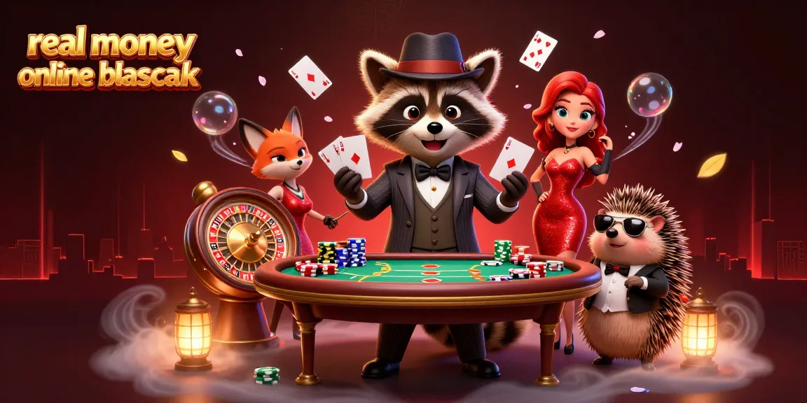 Engage in real money online blackjack with a suave raccoon, charming fox, and a hedgehog bouncer at a vibrant casino.