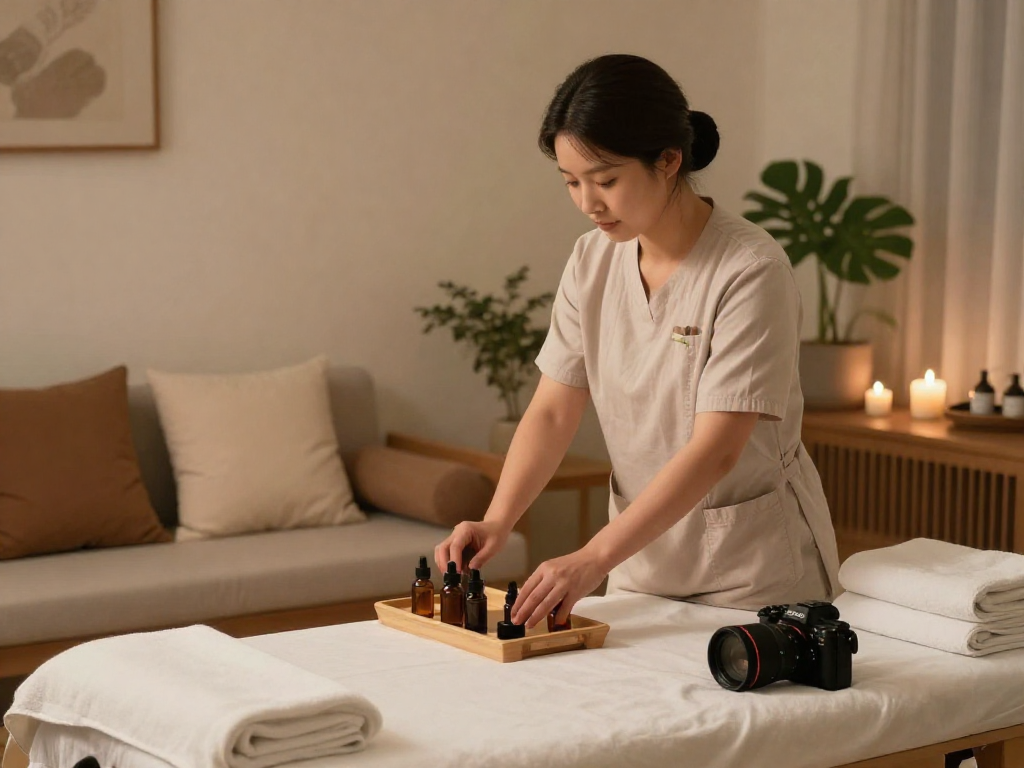 Premium 종로출장안마 scene with a therapist ready for a soothing home massage, showcasing a serene, inviting atmosphere.