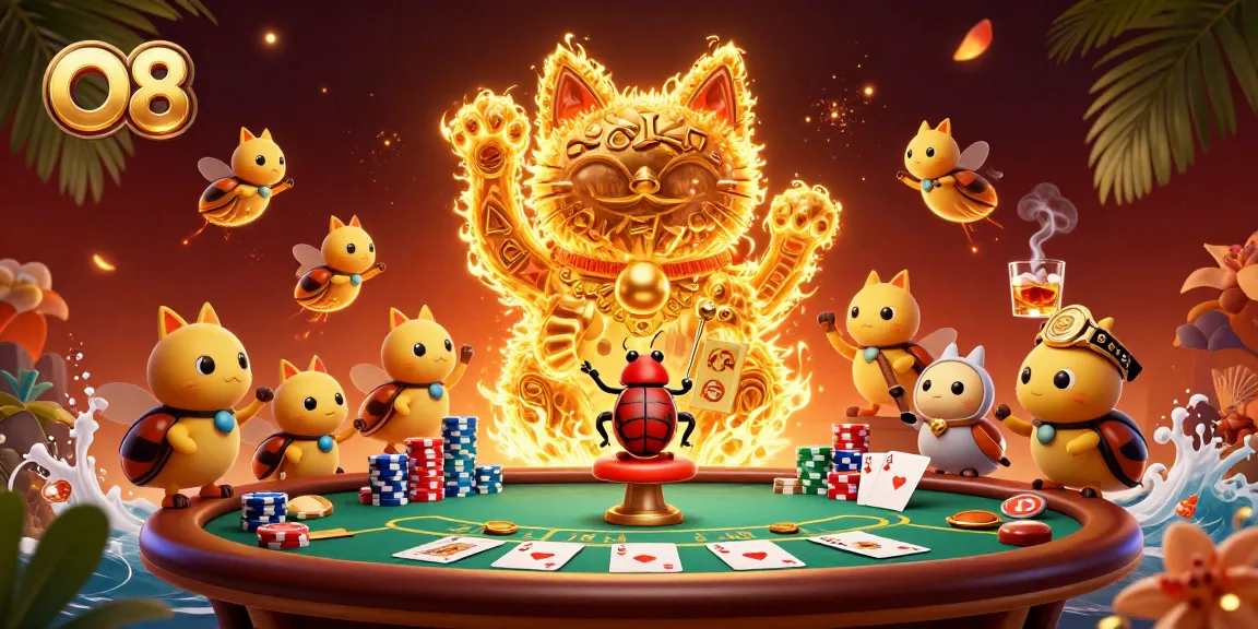 Experience excitement at O8 with a vibrant scene featuring golden fireflies and casino elements.