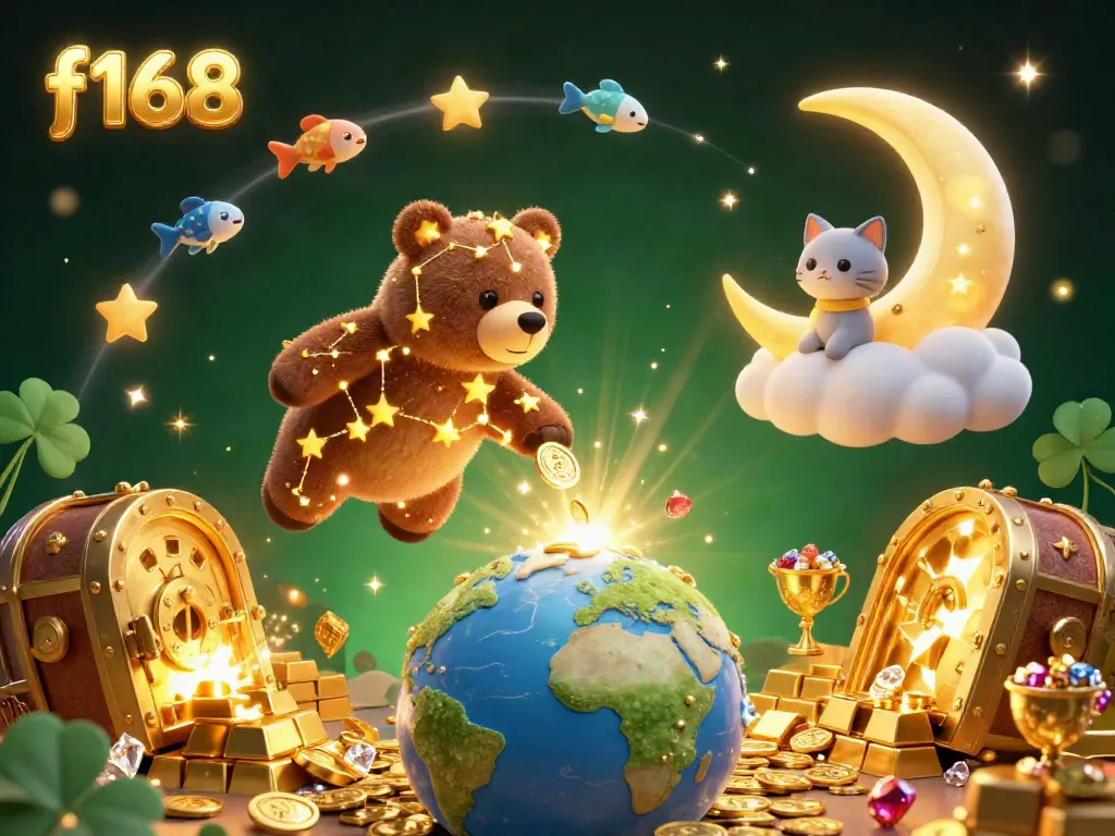 Engage in thrilling gameplay with f168, featuring a vibrant 3D illustration of a constellation bear and treasures from the casino world.