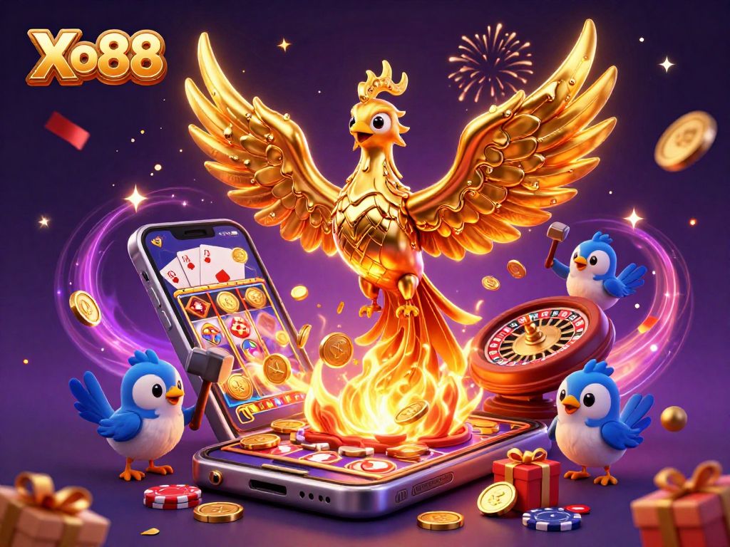 Xo88 players win with stunning gold phoenix and vibrant casino games, capturing the excitement of online gaming.