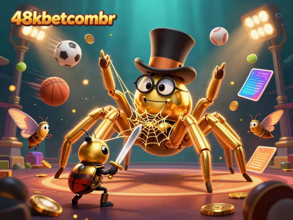 Witness the excitement of 48xbetcombr with a golden tarantula and beetle knight in a dynamic casino scene.