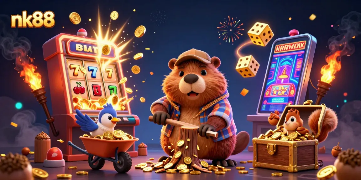 Experience thrilling wins with nk88 as a beaver, bird, and squirrel collect golden coins in a vibrant casino setting.