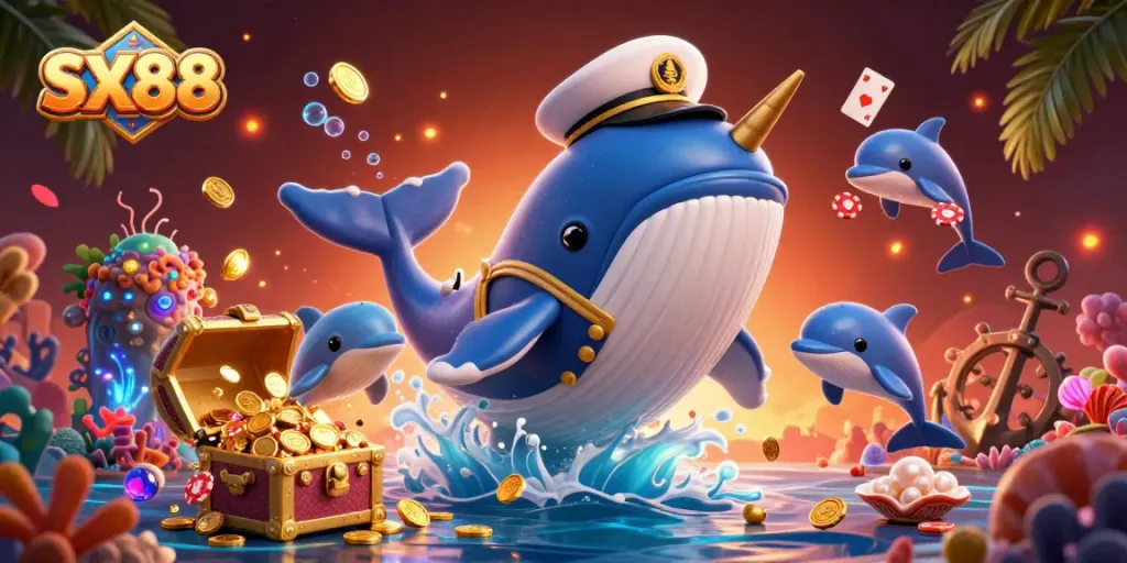Experience winning thrills with SX88’s vibrant casino theme featuring a whale and poker dolphins.