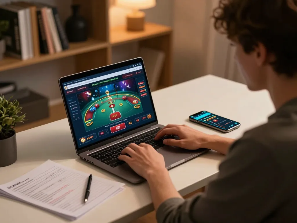 Jun88 user immersed in a live casino game on a laptop, showcasing strategic online gambling.