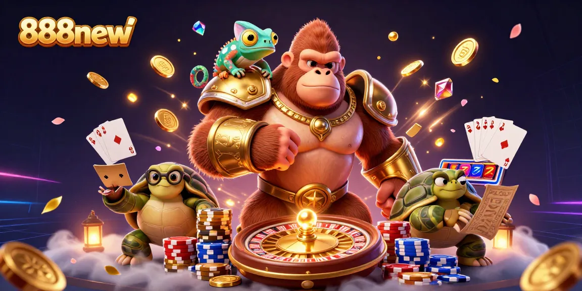 Experience thrilling gaming at 888new with powerful casino characters, vibrant elements, and gold coins.