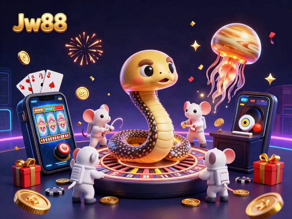Engage with Jw88 in a vibrant cosmic casino scene featuring animated characters and dynamic game elements.