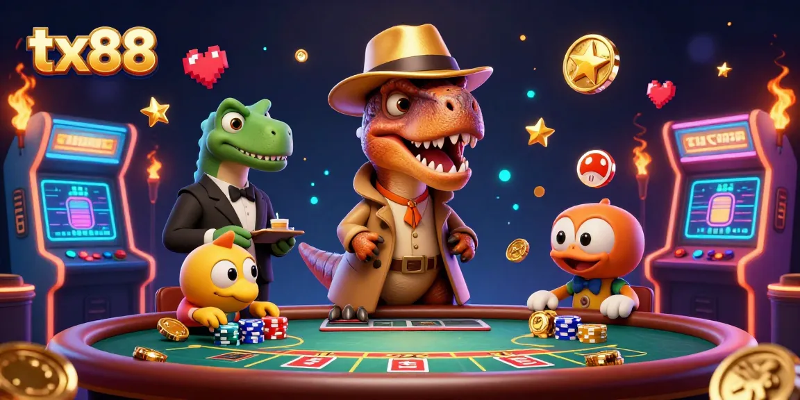 tx88 velociraptor card counter sneakily bets at blackjack, while a stegosaurus pit boss watches, in a vibrant casino.